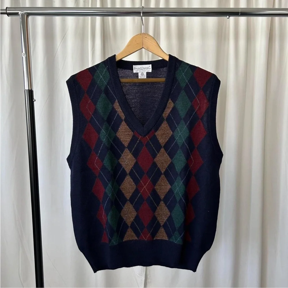 Vintage Navy blue Tricot St. Raphael argyle sweater vest Pure New Wool large. - Picture 3 of 7